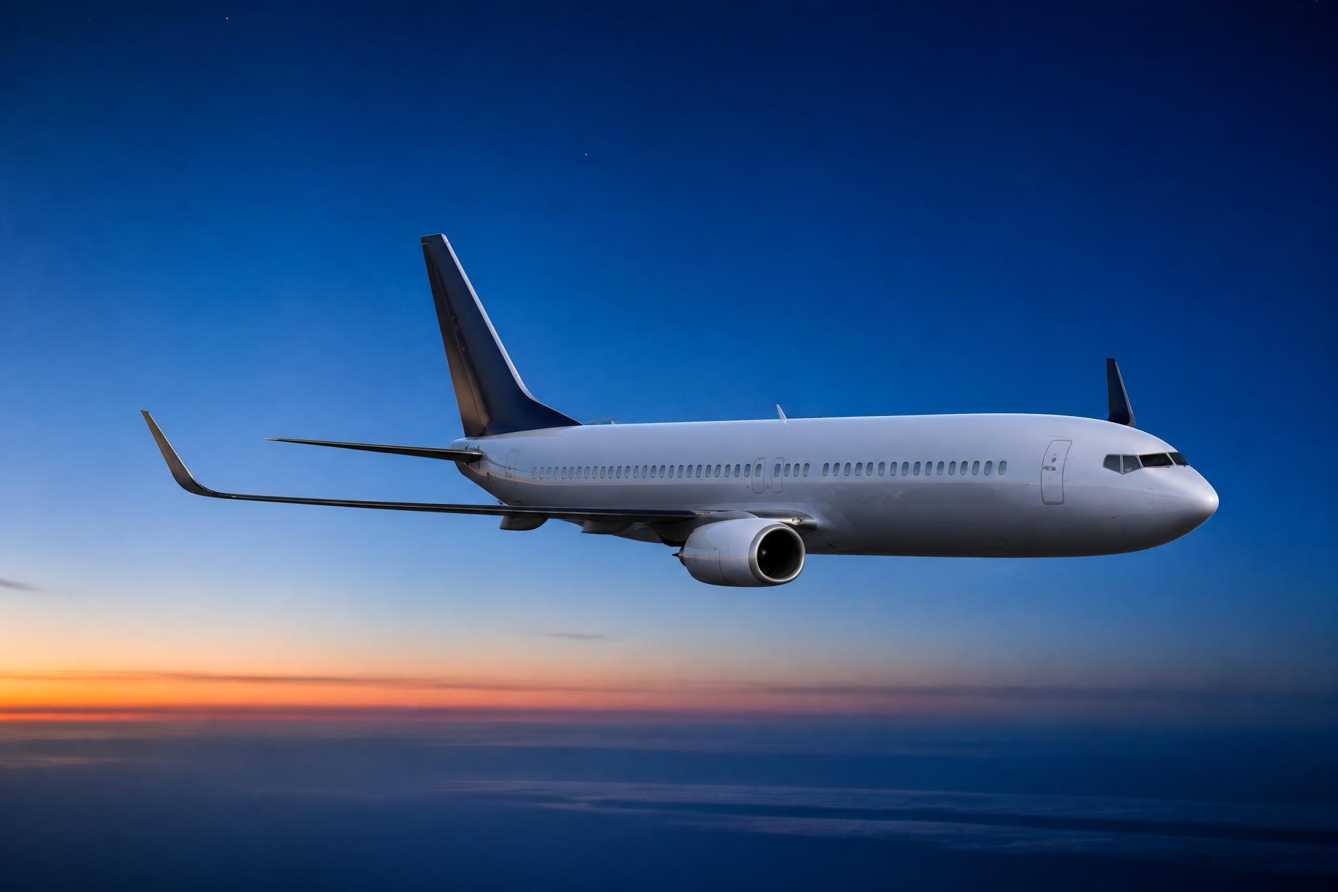 Commercial passenger aircraft at twilight